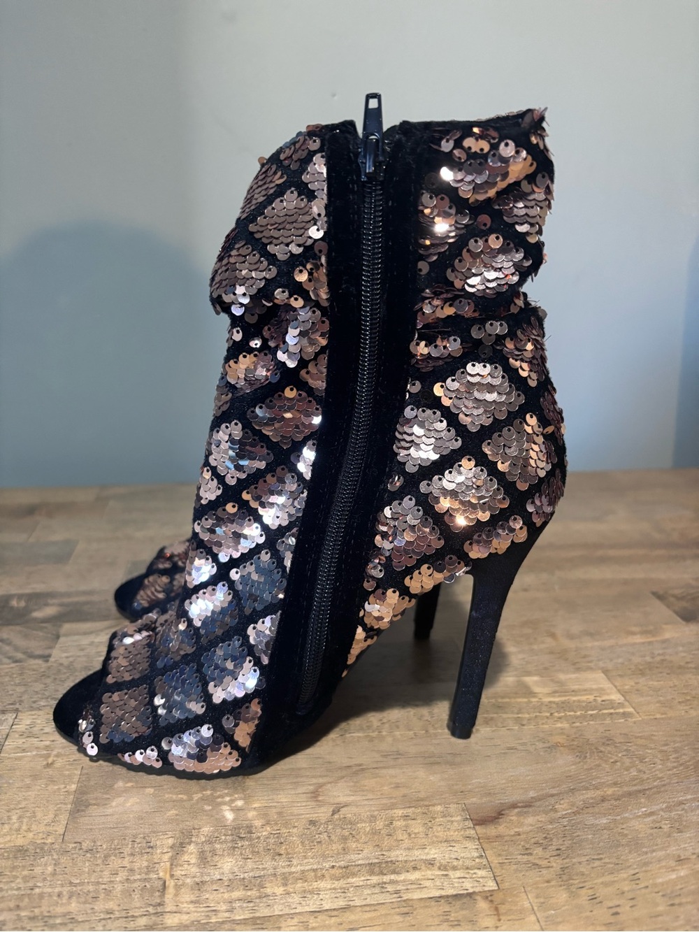 Qupid Black and Rose Gold Sequin Open Toe Heel Booties